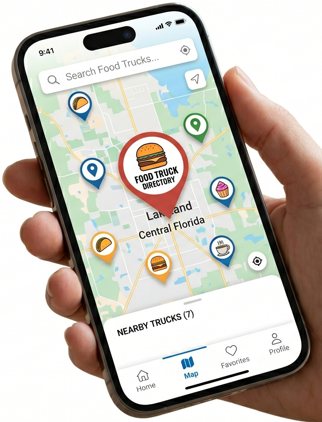 TapTruck food truck locator app interface displayed on a smartphone